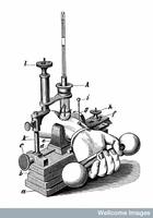 A drawing of Basch's sphygmomanometer in use.