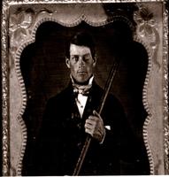 A daguerrotype of Gage after his injury, holding the crow-bar. (J. and B. Wilgus).