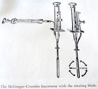 A leucotome from Down Brothers catalogue. After insertion, the blades were opened and rotated to damage the tissue. The syringe could be used inject X-ray contrast to determine the damaged area.