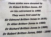 Dr Britten-Jones' scales donation plaque.